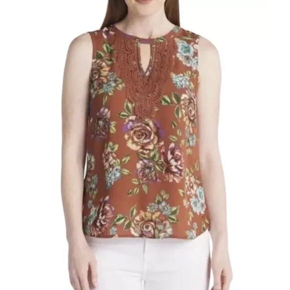 3075 NWT Daniel Rainn Quin Tank Top Women’s XL Rust Floral Tunic Lace Crochet - Picture 1 of 3